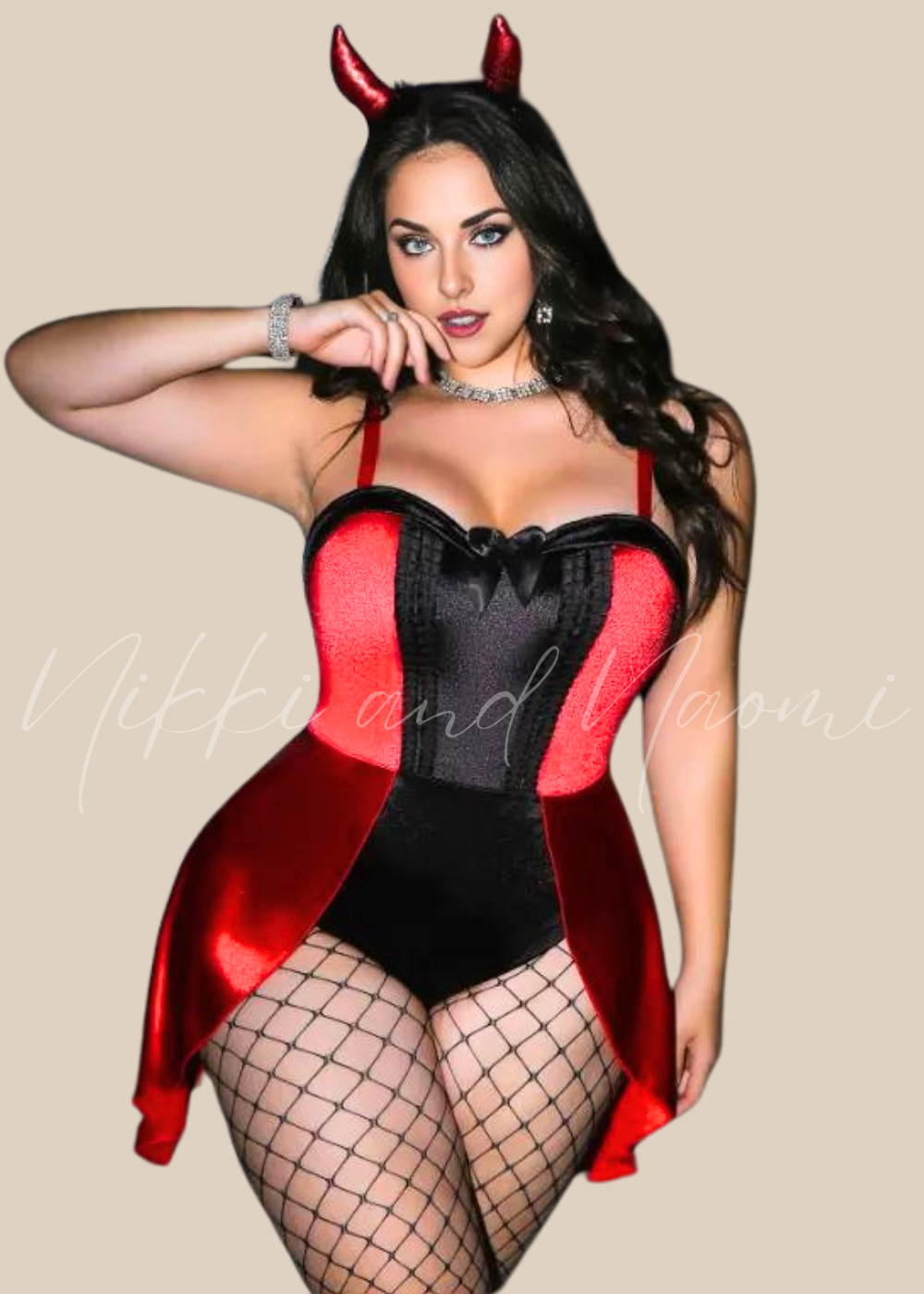 Plus-size demon costume with headband and stockings