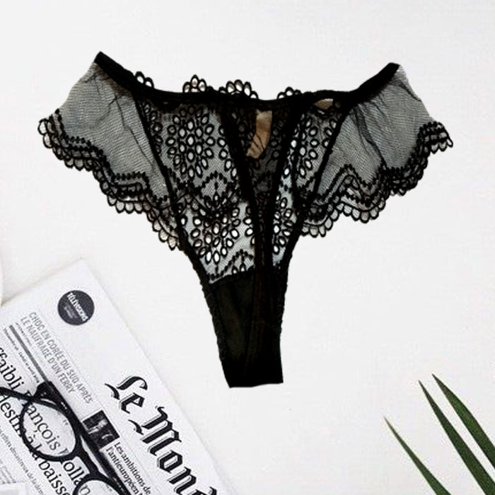 Christies Black Honeymoon Visible Lace Thong, NikkiandNaomi