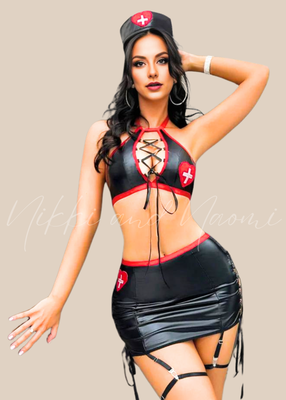 Fantasy Costume 5pcs/Set Sexy Women&#39;s Faux Leather Nurse Costume Lingerie Set