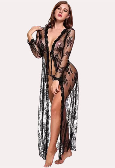 Floral Lace-Trimmed Black Transparent Robe, NikkiandNaomi