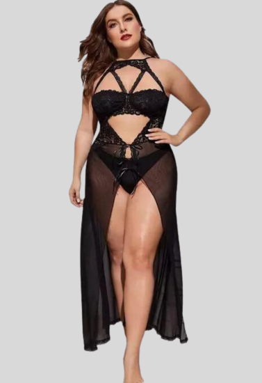 Plus Size Split Long Mesh Babydoll Nightwear, NikkiandNaomi