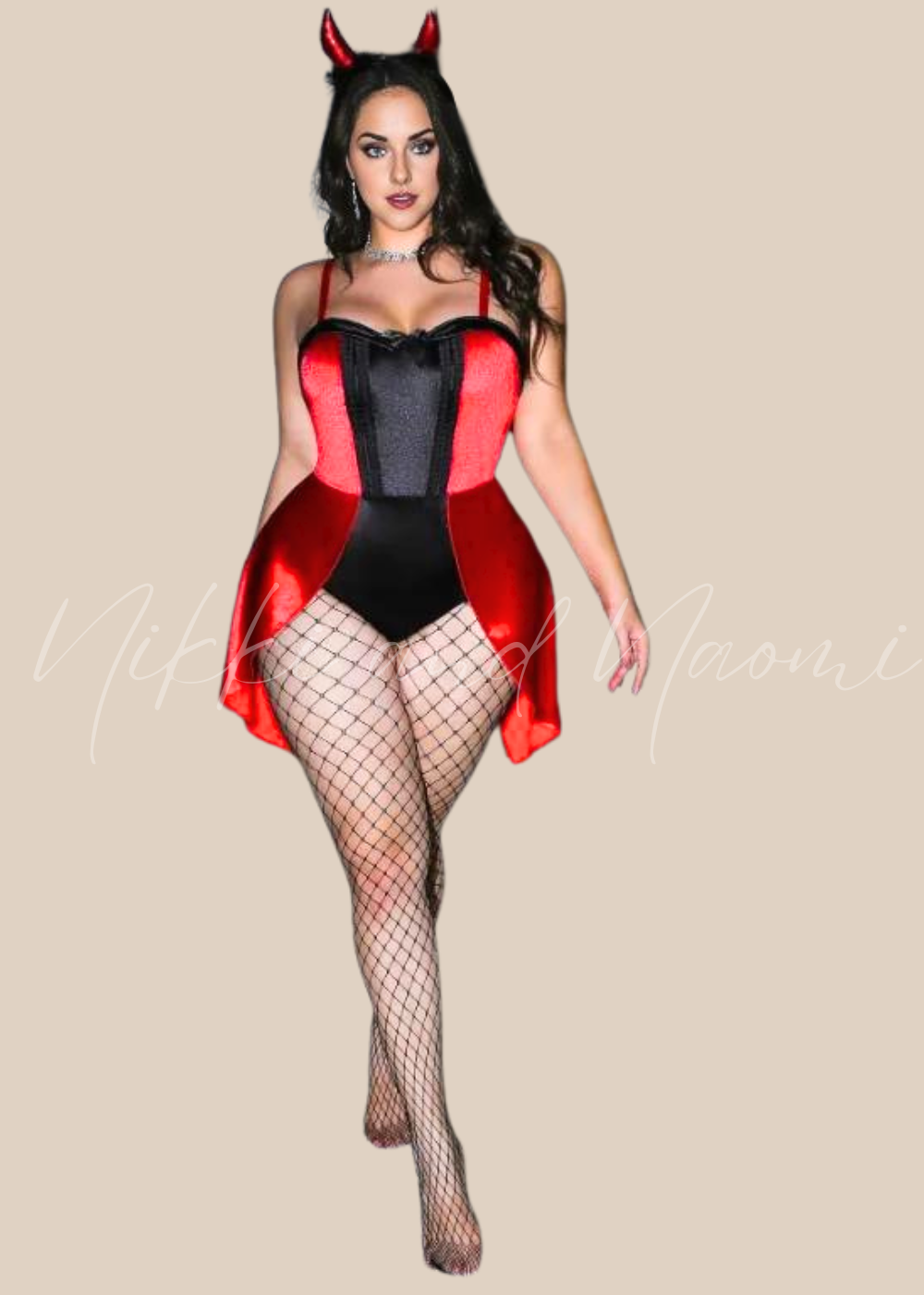 Plus-size demon costume with headband and stockings
