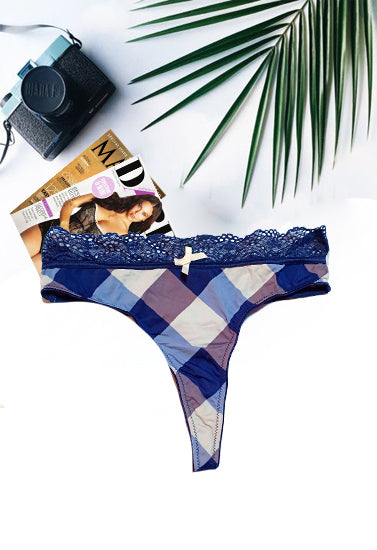 Printed Check Blue Color Thong Panty, NikkiandNaomi