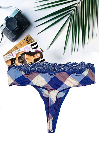 Printed Check Blue Color Thong Panty, NikkiandNaomi