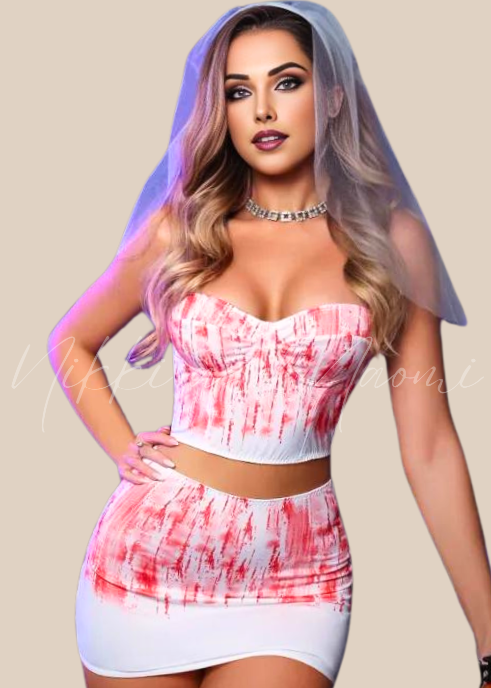 Halloween white bridal costume with veil