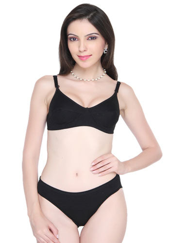 Women Classic Smooth Black Bra And Panty Set, NikkiandNaomi