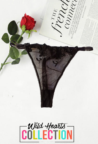 Luxury Floral Embroidered Black Thong, NikkiandNaomi