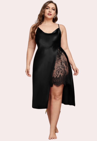 Satin Nightgown with Slit for Plus Size Women, NikkiandNaomi